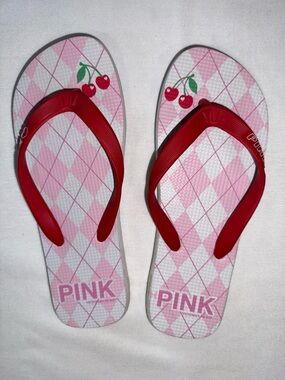 PINK Flip Flops with Red Straps and Cherry Accent
